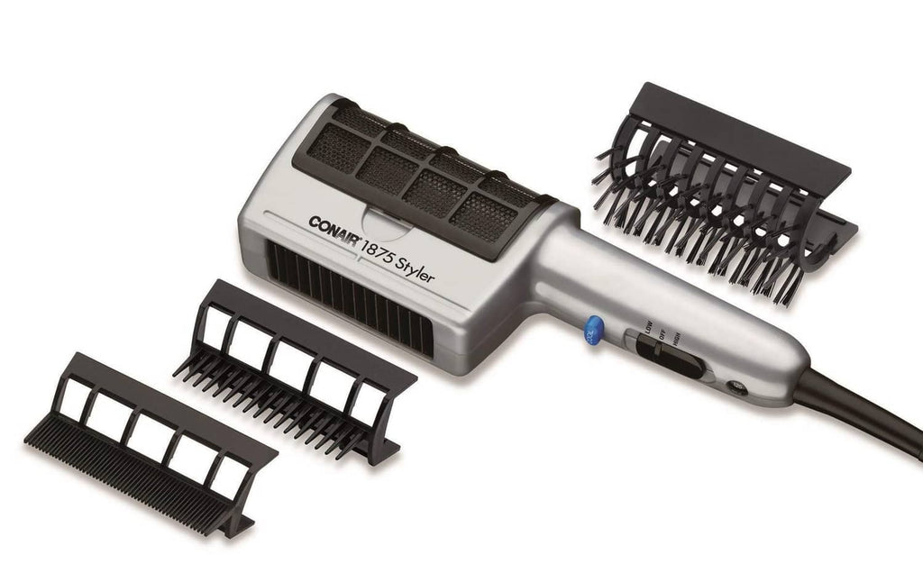 Conair 3-in-1 styling hair dryer with three attachment combs, silver and black