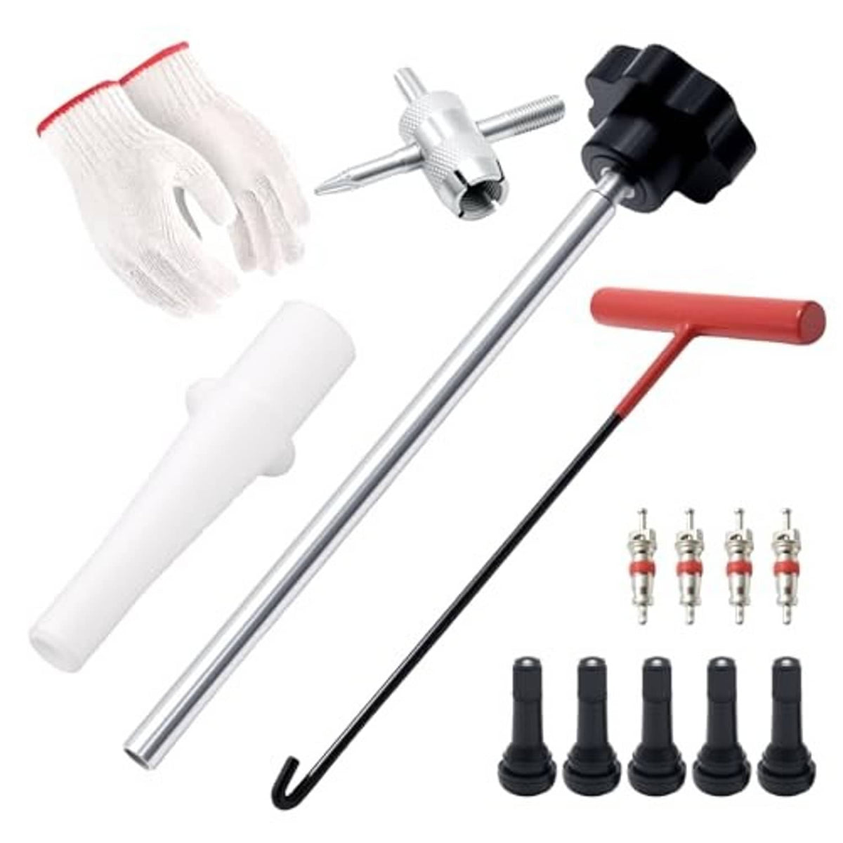 Tire valve core tool set with red T-handle, long rod, gloves, and valve stem caps