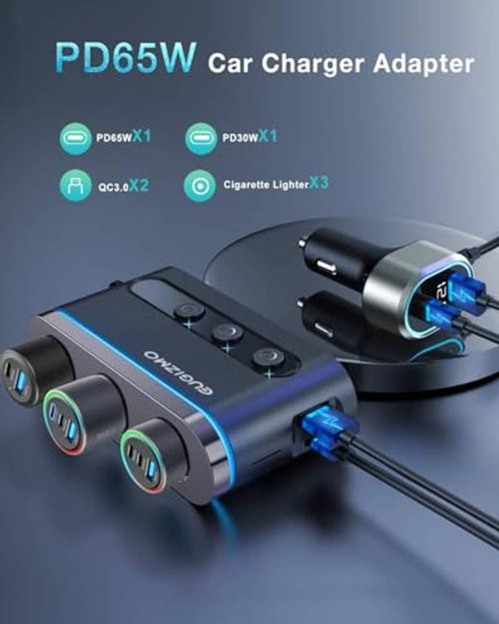 PD65W car charger adapter with circular power display and dual USB ports on splitter