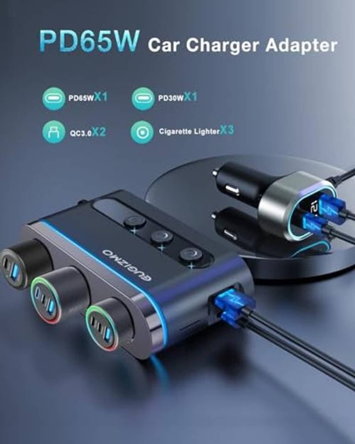 PD65W car charger adapter with circular power display and dual USB ports on splitter