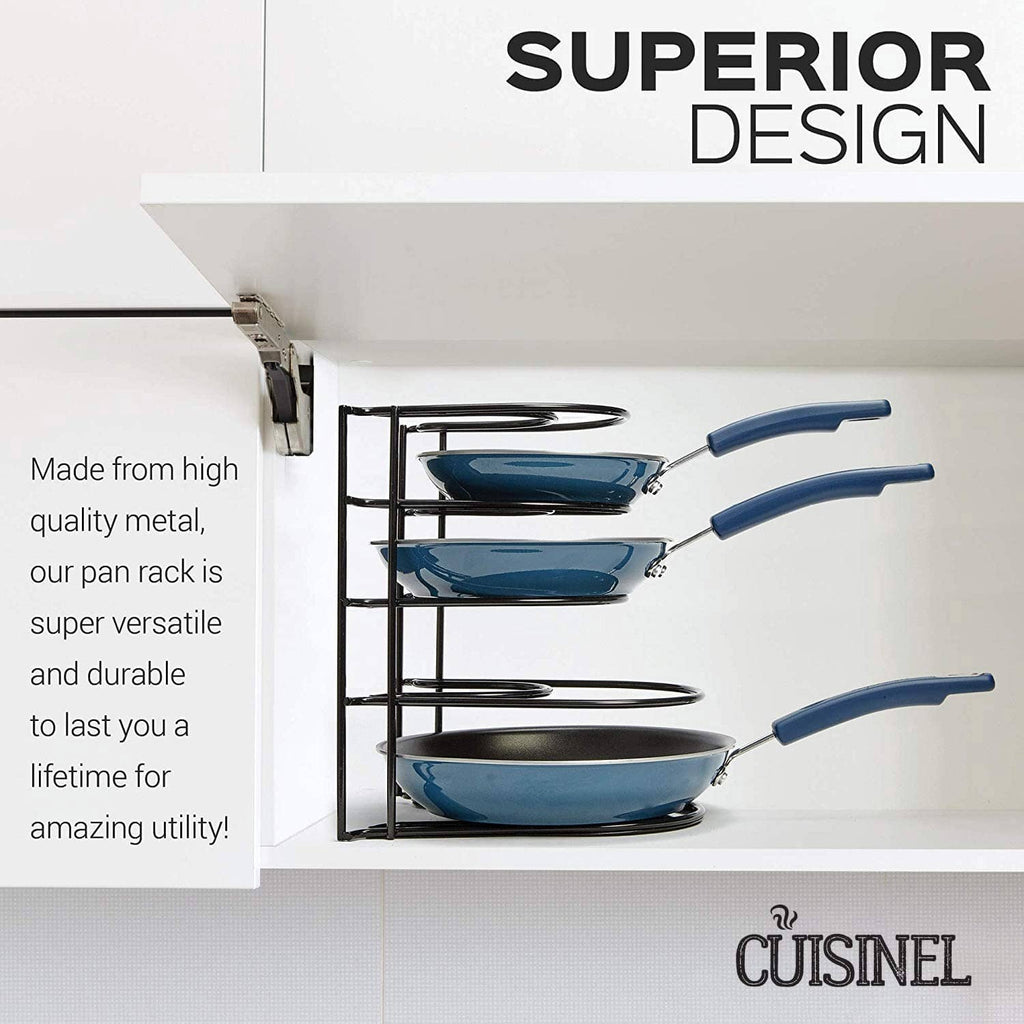 Heavy-duty pan organizer rack holding blue-handled pans and black cookware on tiers