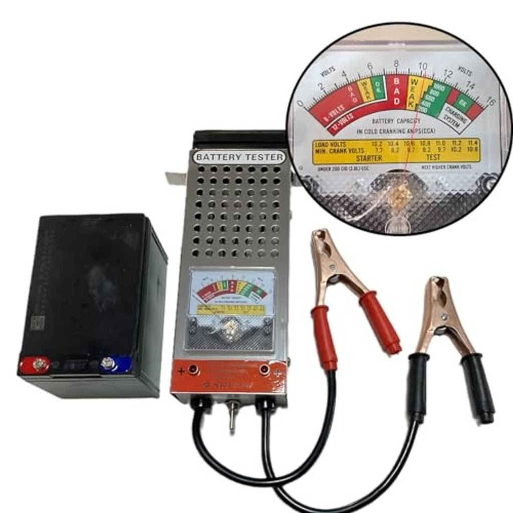 Battery tester set with analog gauges, perforated panel, and alligator clamps