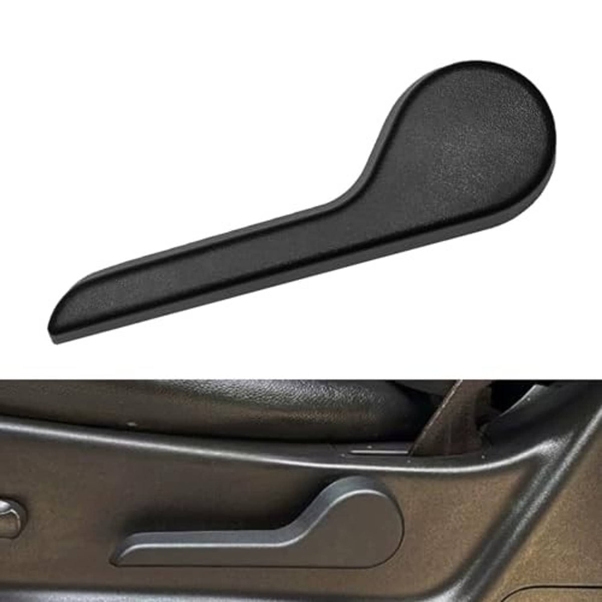 Black seat recliner handle lever with textured curved pad, close-up