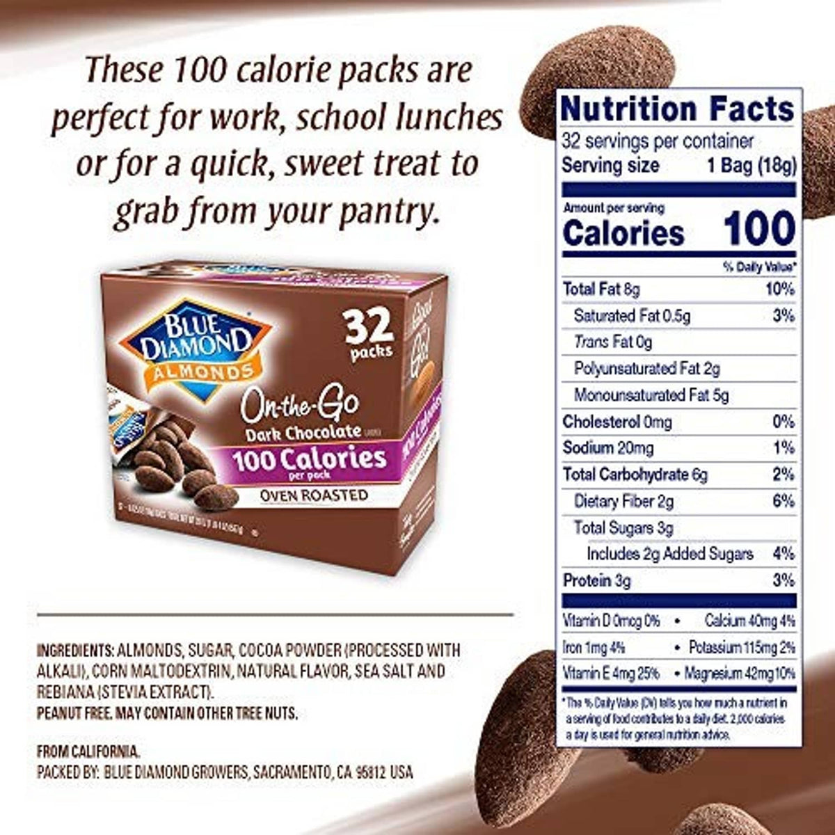 Blue Diamond On-the-Go dark chocolate almonds box with nutrition facts and 100 calories text