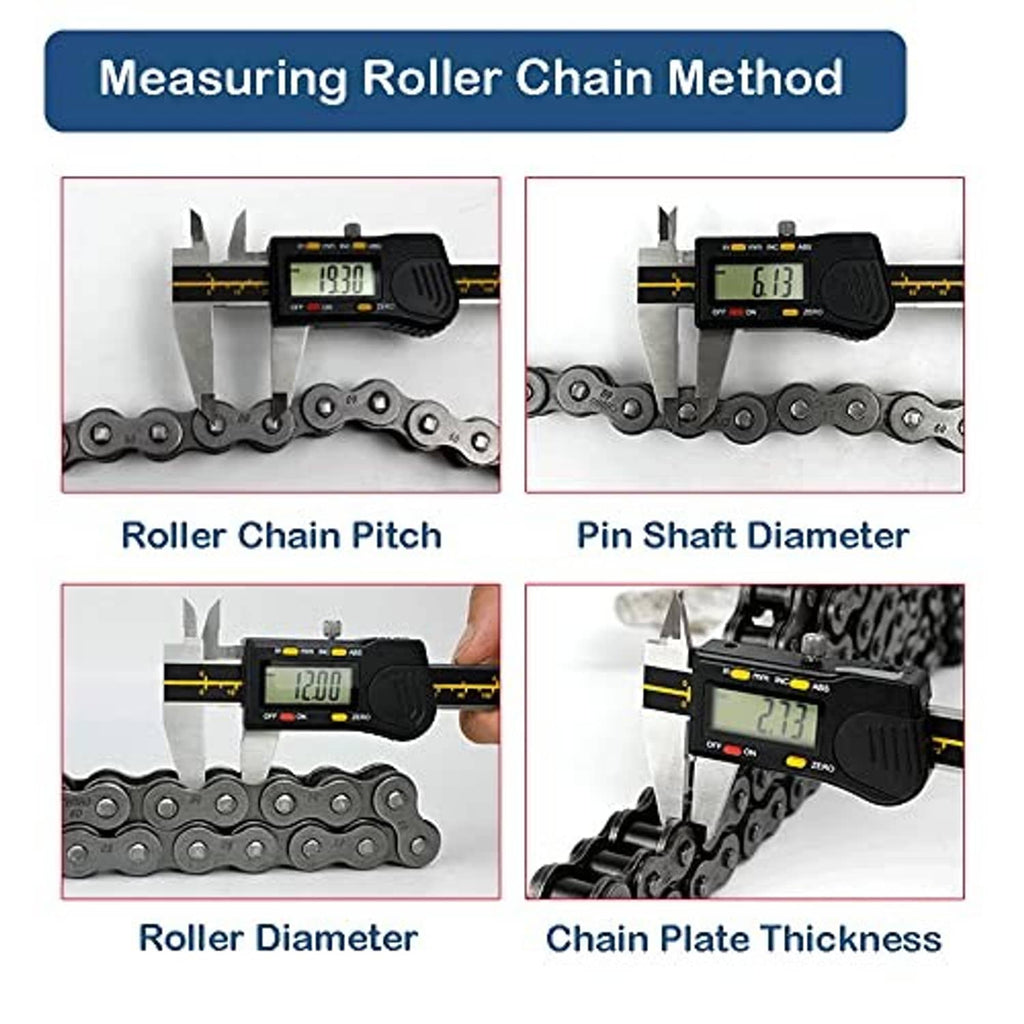 Measuring roller chain method chart showing pitch and pin shaft diameter checks