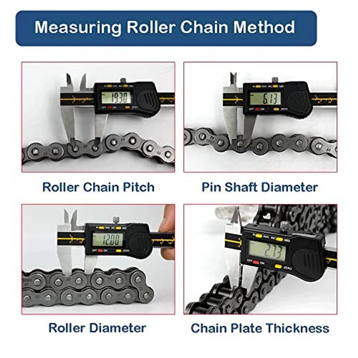 Measuring roller chain method chart showing pitch and pin shaft diameter checks
