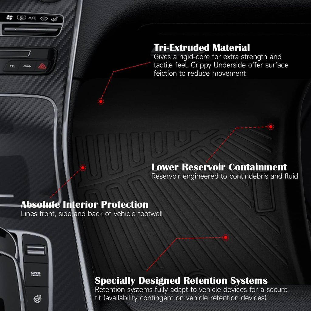Black all-weather car floor mat with tri-channel textured surface and reservoir lines