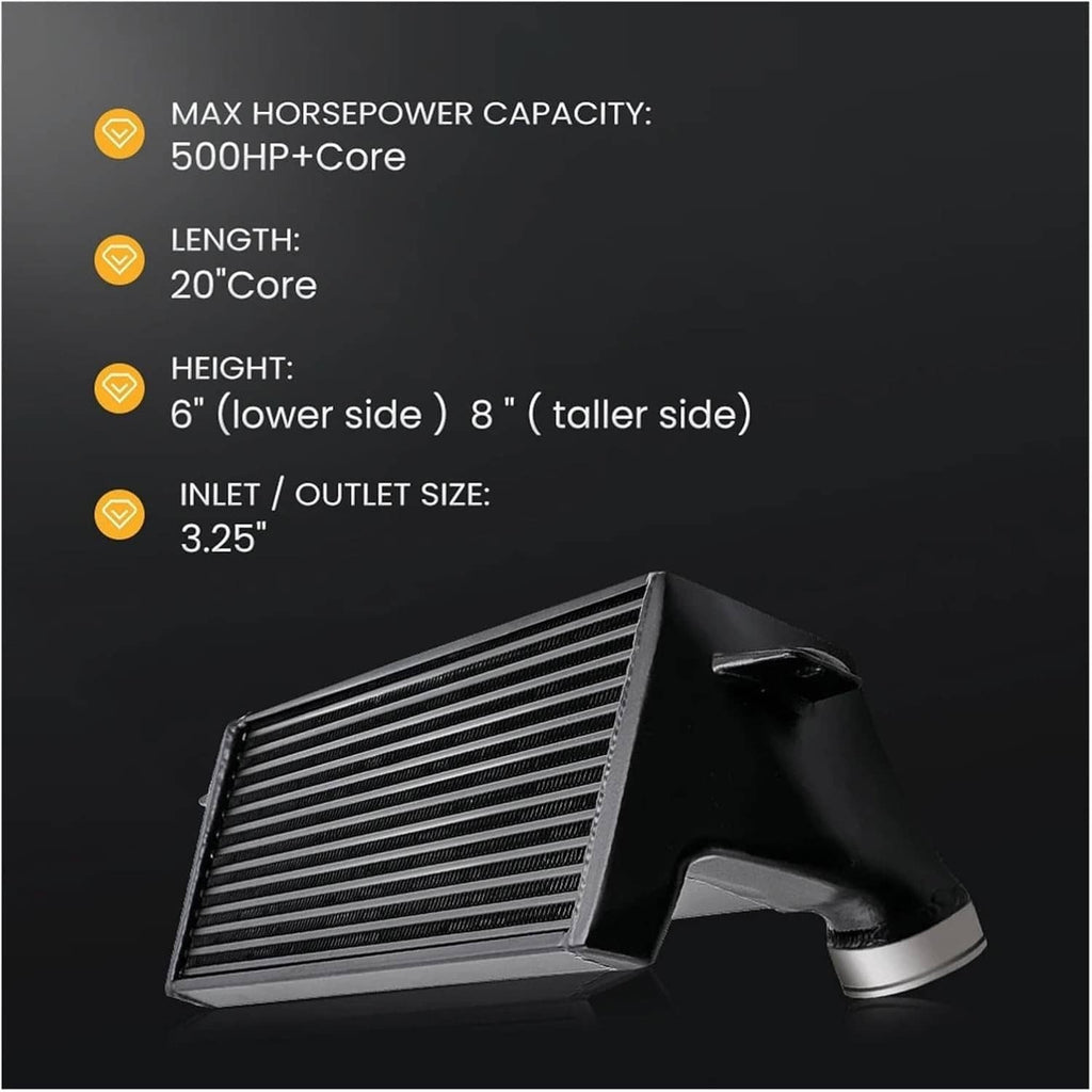 Black intercooler heat exchanger with silver end pipe and angled fin core