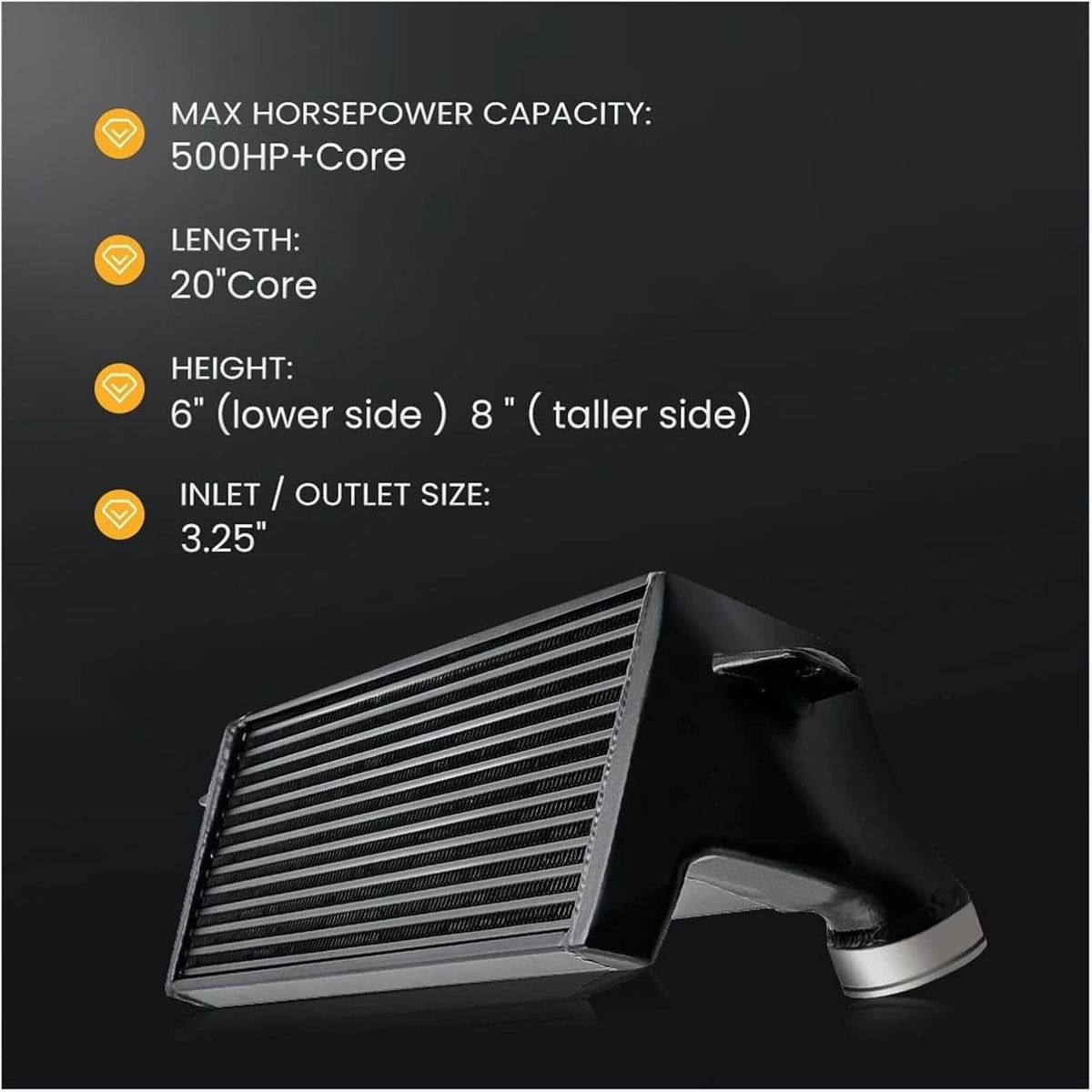 Black intercooler heat exchanger with silver end pipe and angled fin core