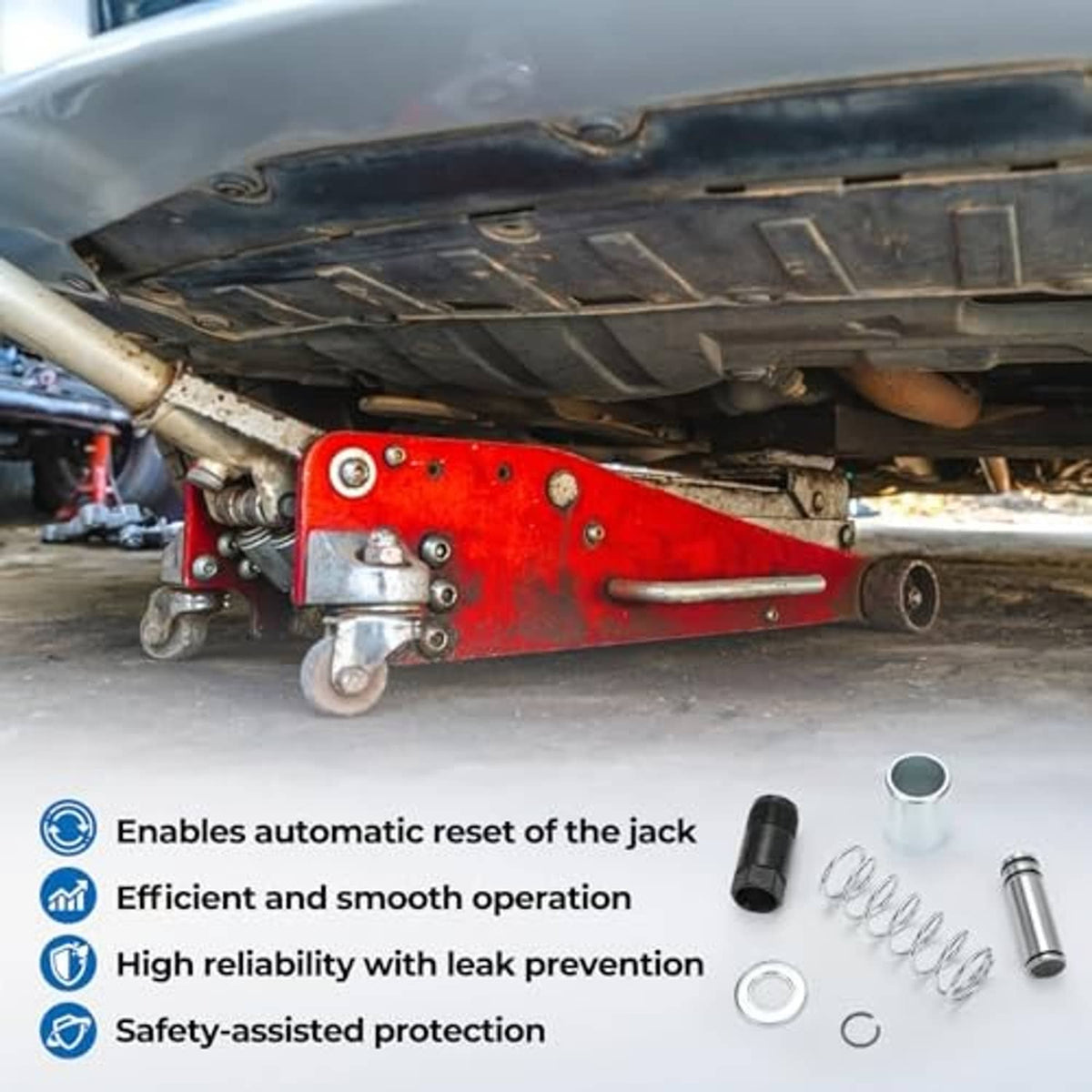 Red floor jack underside with dual pump piston plungers and included spring-and-seal parts