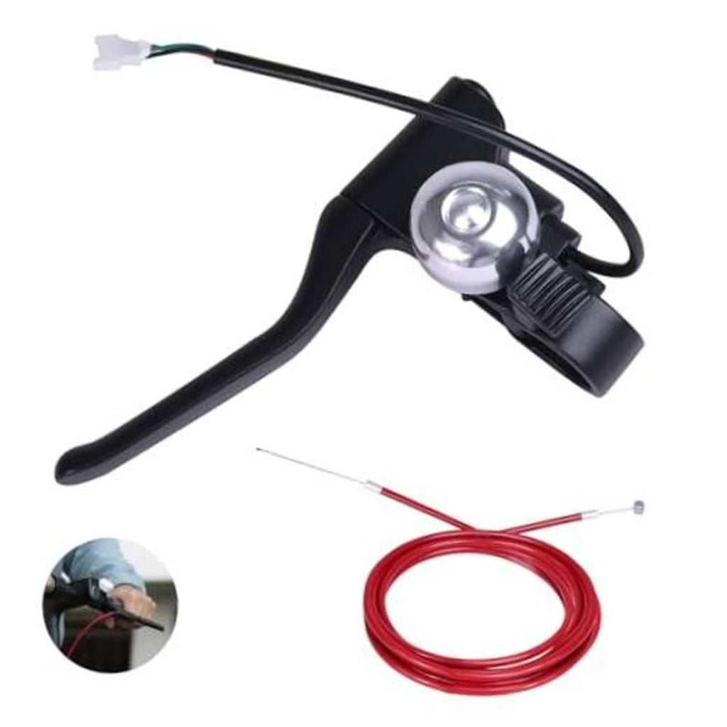 Black brake handle lever with bell light and red brake cable coil