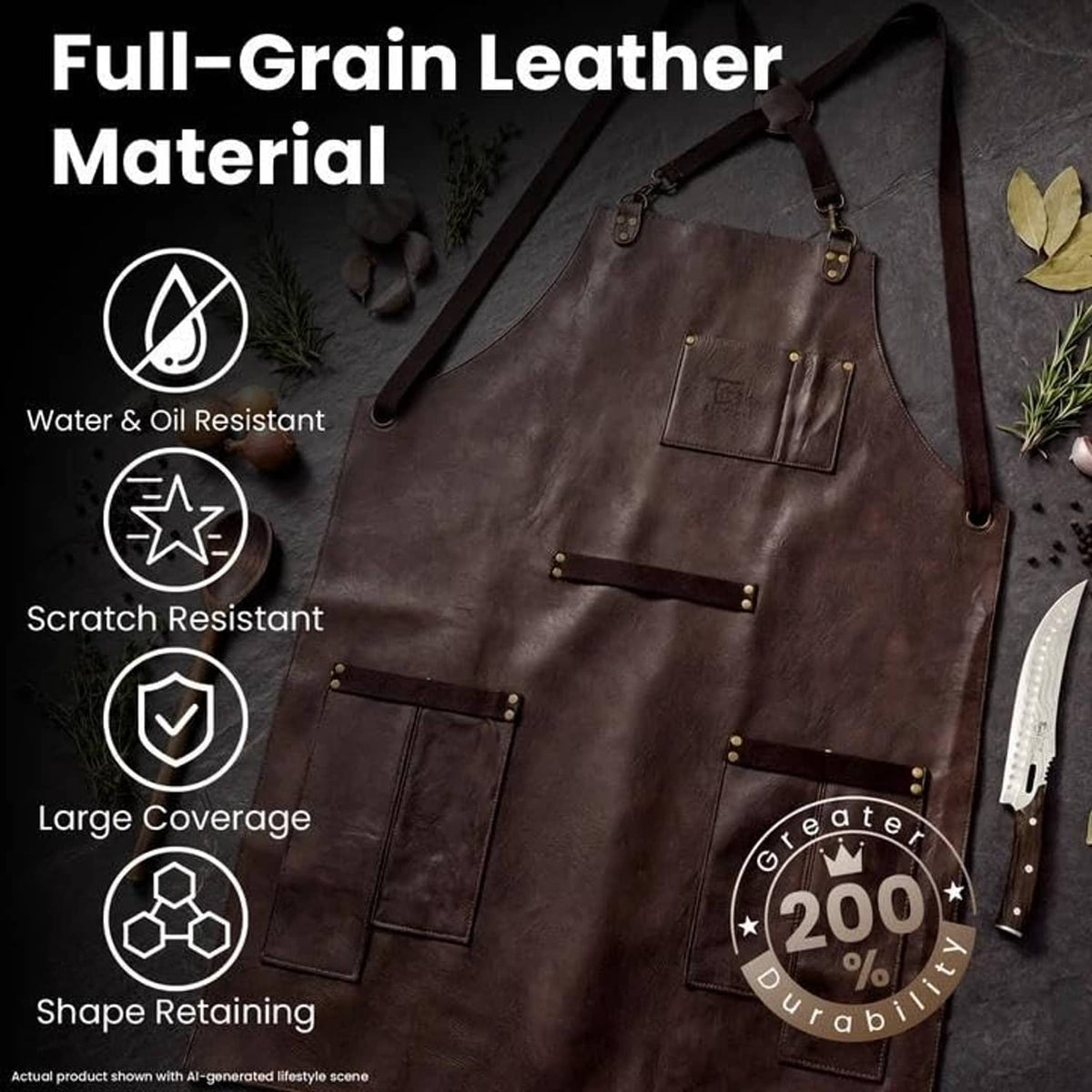 Brown leather chef apron close-up with front pockets, stud details, and hanging tool slots
