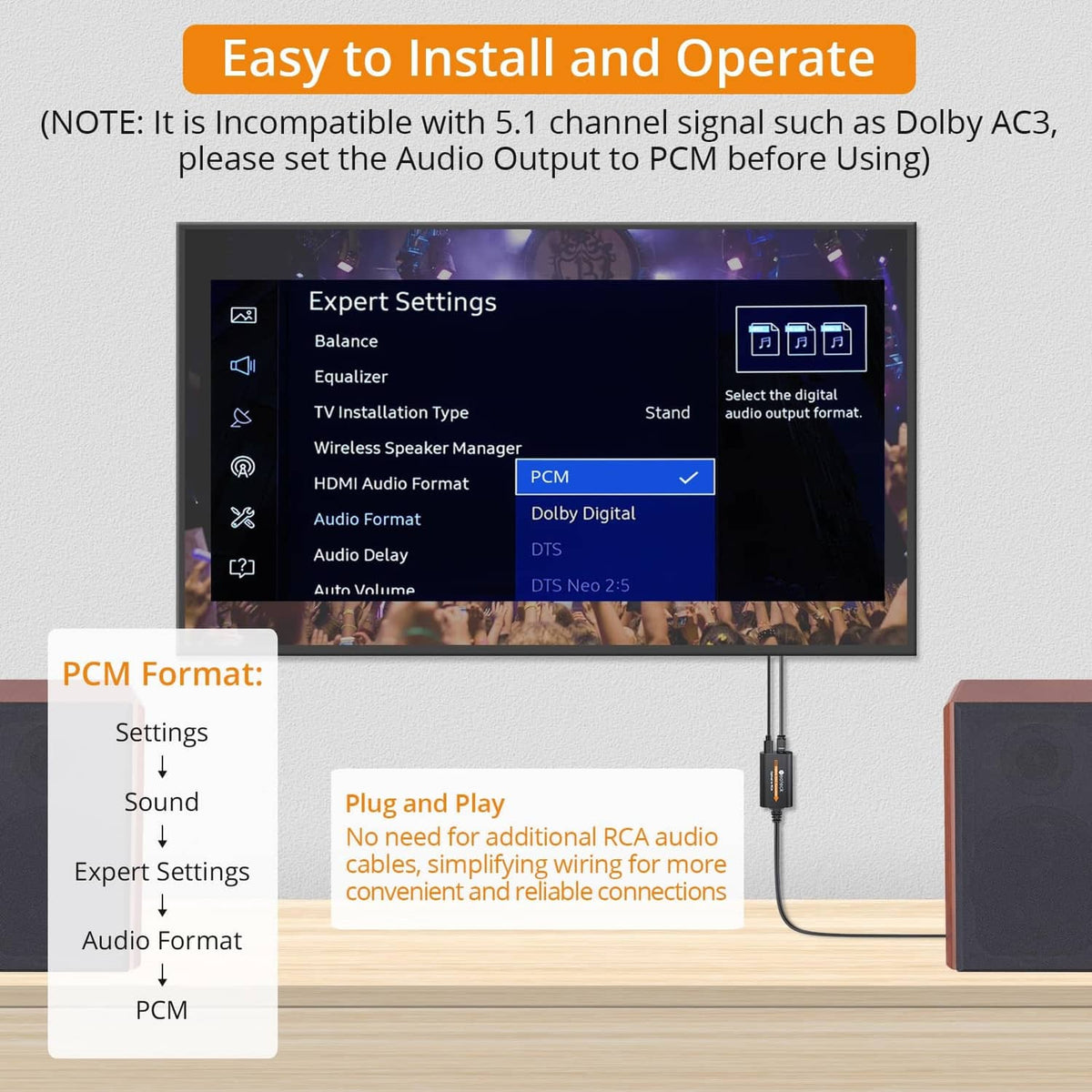 Neoteck optical SPDIF to RCA DAC converter for PCM audio format, easy plug and play