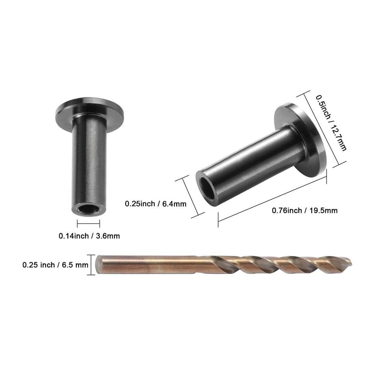 Stainless steel wire rope protector sleeves with drill bit, shown with key dimensions