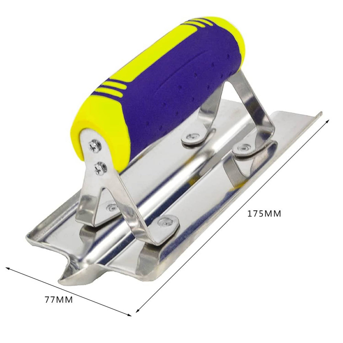 Stainless steel hand edger with yellow-and-purple foam grip and contoured metal shoe.