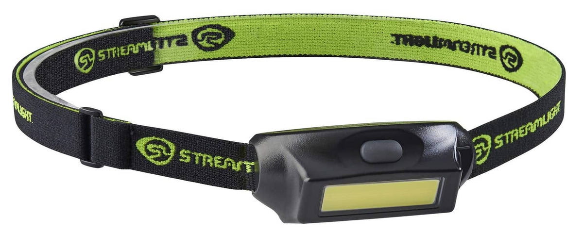 Headlamp front with black housing and green-and-black strap, yellow LED window