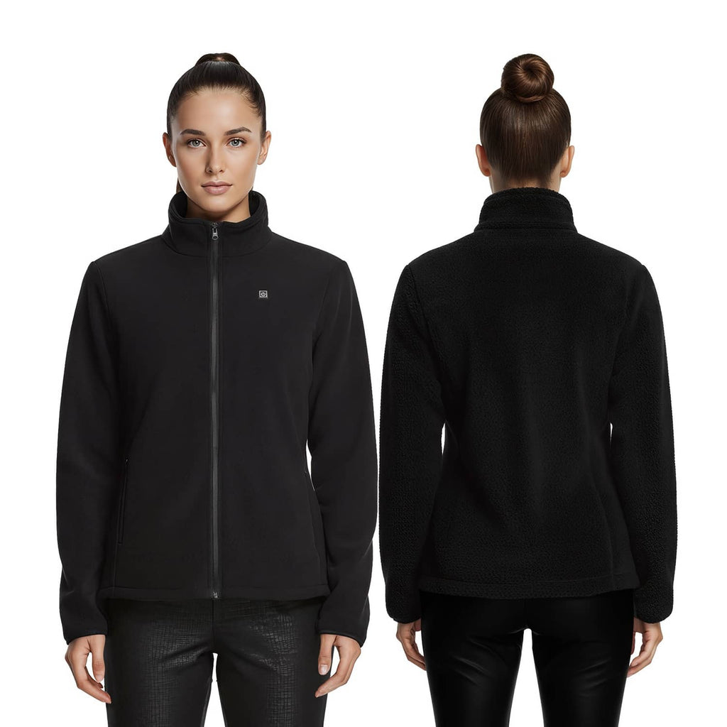 Black fleece heated jacket front and back view on model, full zipper and stand collar