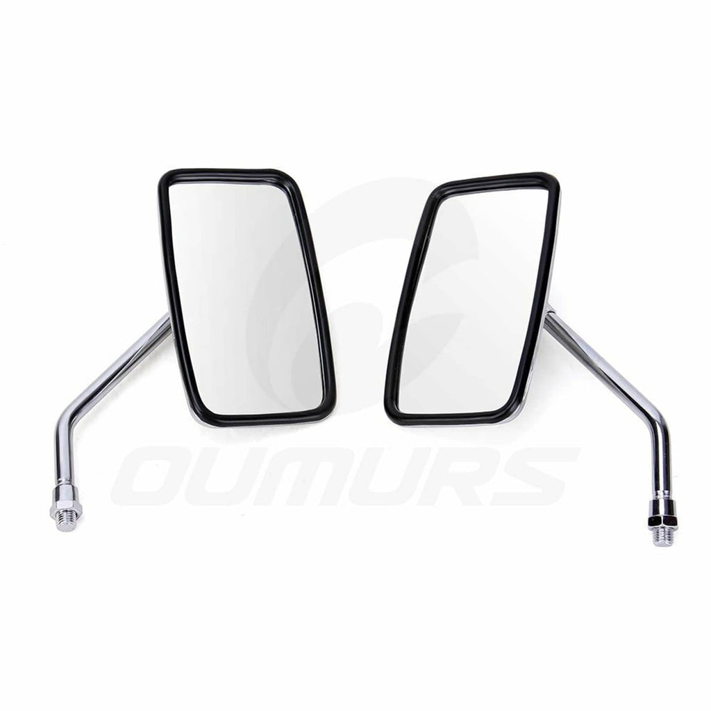 Square motorcycle rearview mirror pair with black frames and chrome mounting arms