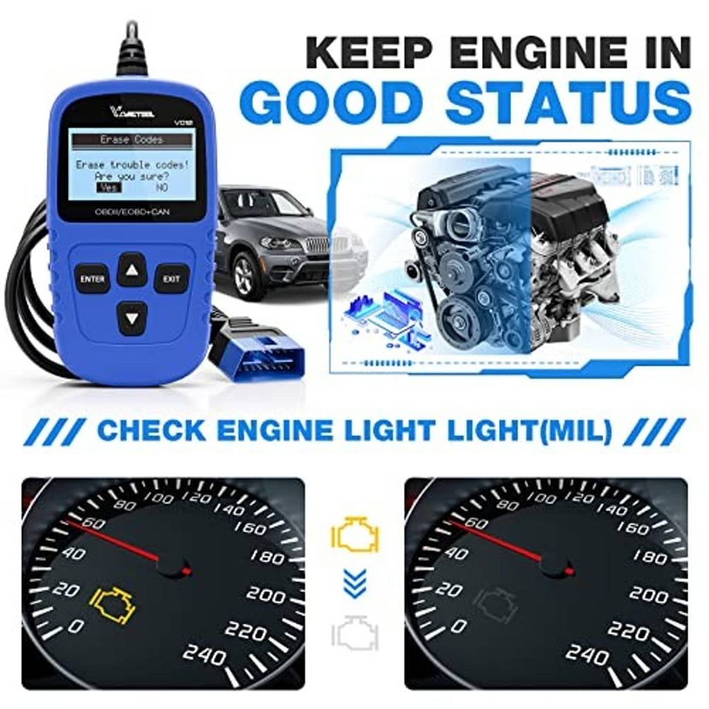 Blue handheld OBD2 scanner with LCD display and connected OBD plug cable