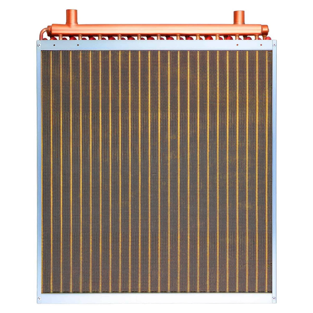 HVAC heat exchanger coil with tightly packed brown fins and copper tube row on top