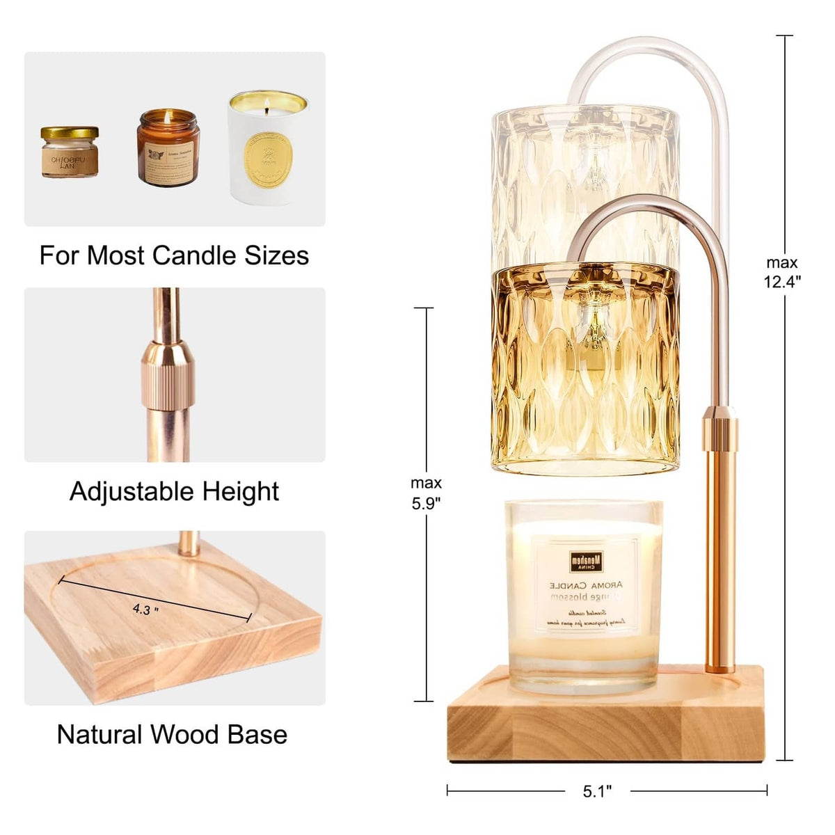 Gold candle warmer lamp with amber glass shade and natural wood base, adjustable height