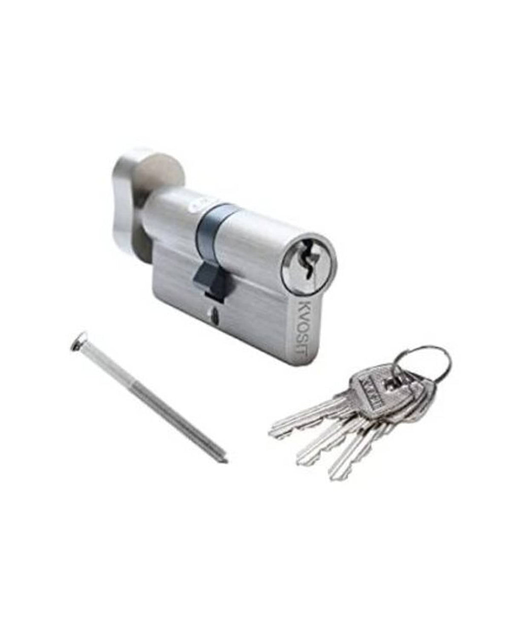 Brushed nickel lock cylinder with 3 brass keys and mounting screw