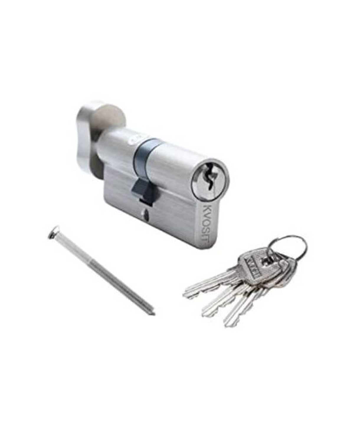 Brushed nickel lock cylinder with 3 brass keys and mounting screw