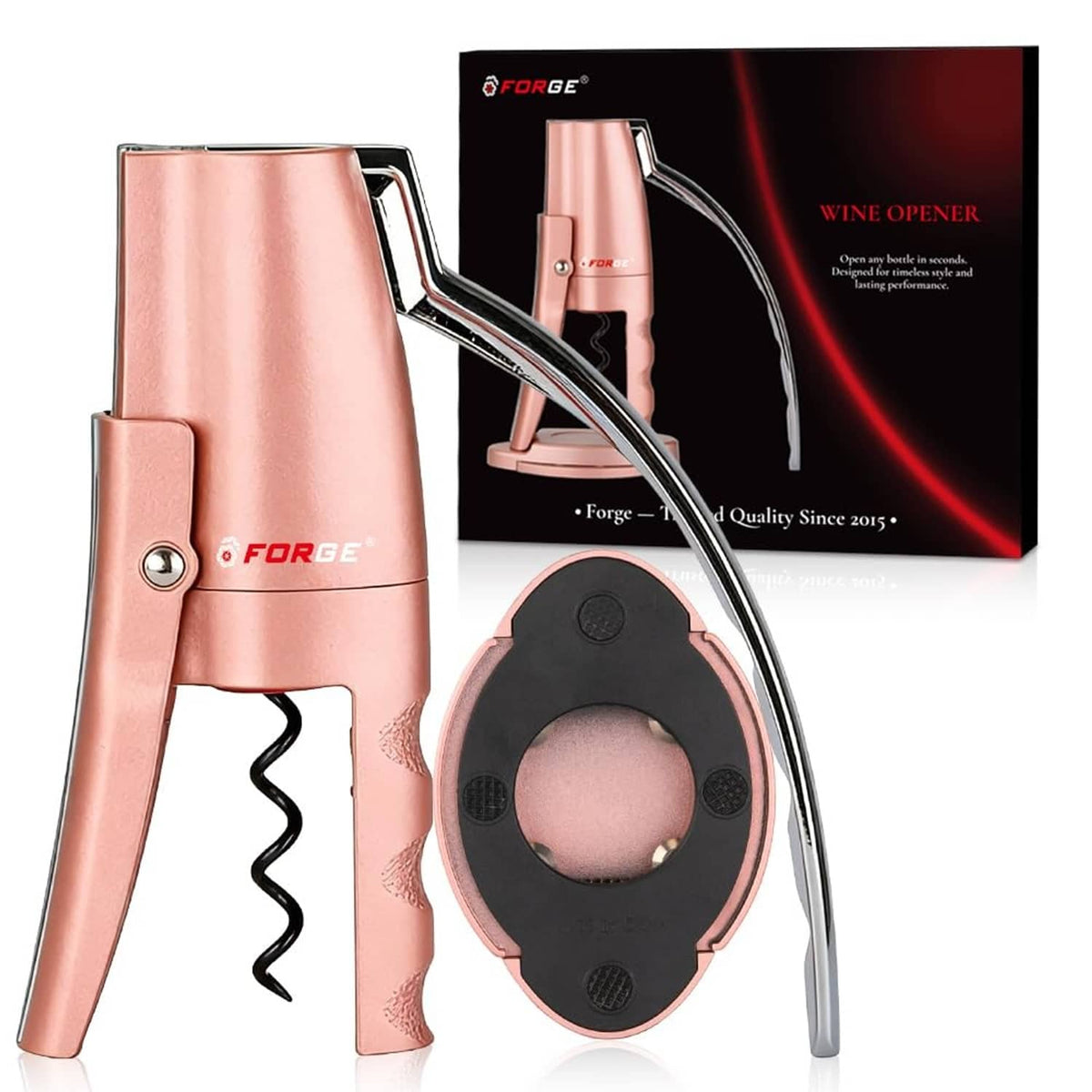 Pink compact vertical lever corkscrew with chrome lever and FORGE logo.