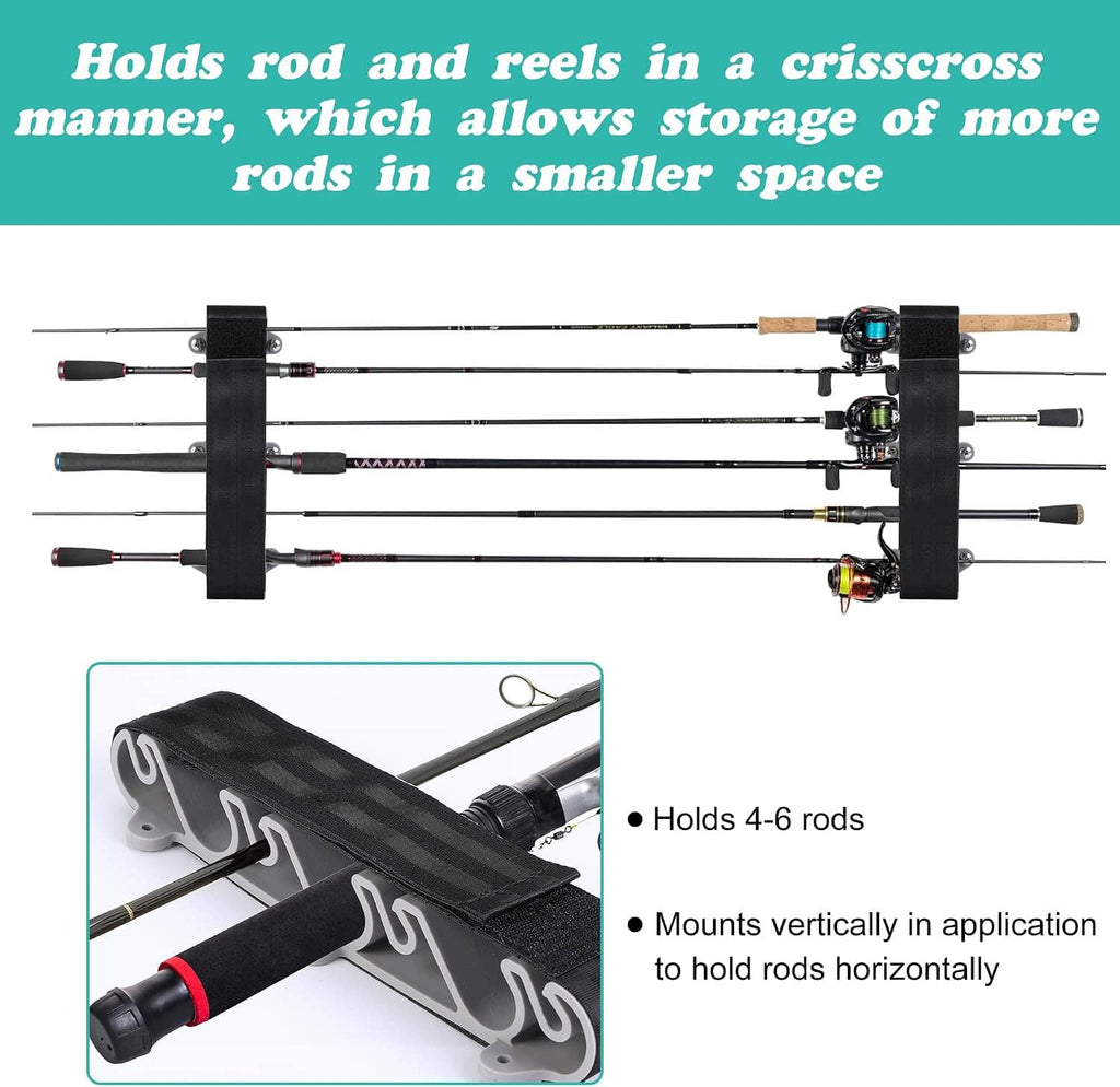 Cross-style vertical fishing rod storage rack with black brackets and gray hook holders