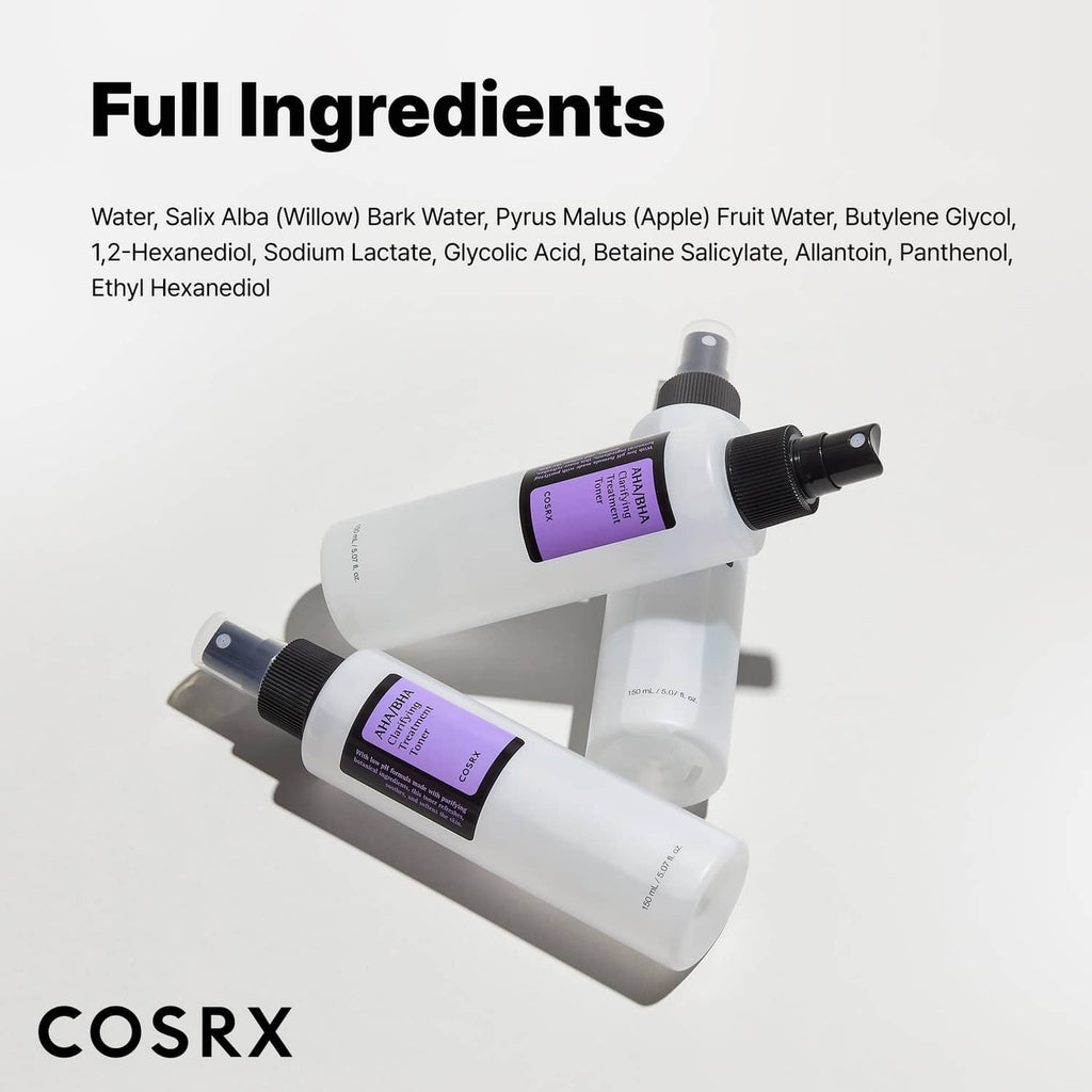 Two AHA/BHA clarifying toner bottles with black sprayers and purple label