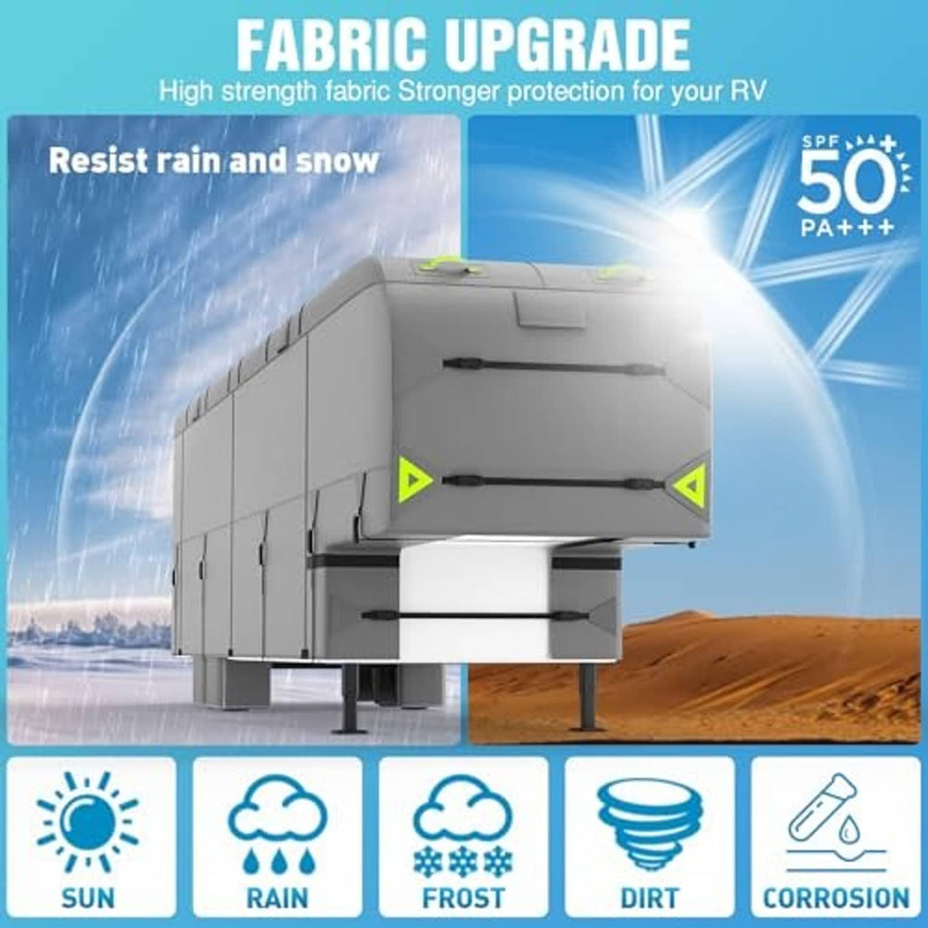 Gray RV cover with front support straps, shown with rain, frost, and sun protection icons