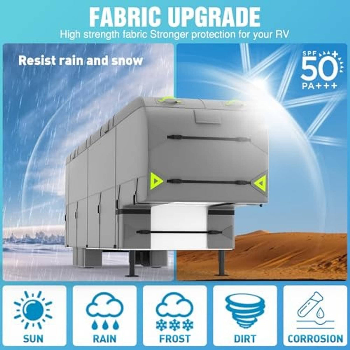 Gray RV cover with front support straps, shown with rain, frost, and sun protection icons