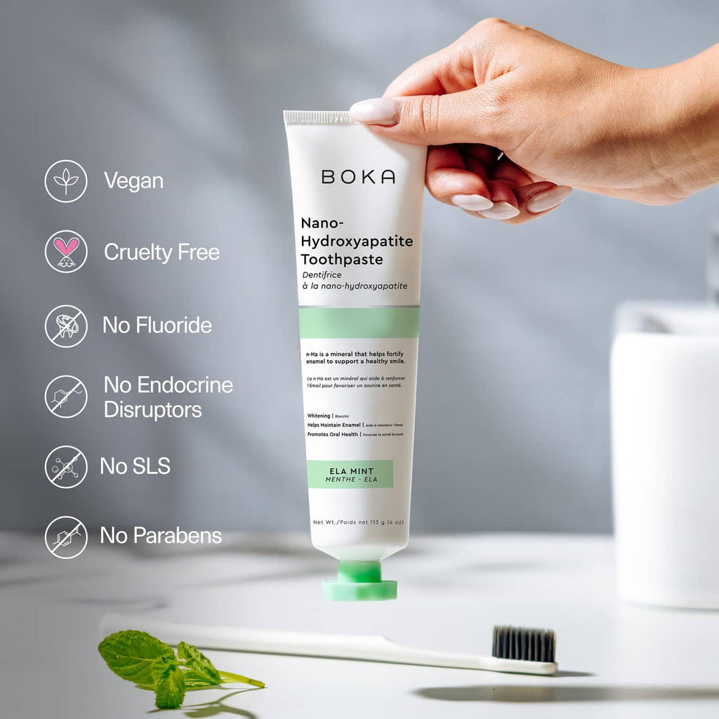 Fluoride-free nano-hydroxyapatite toothpaste tube held in hand, mint ELA mint, green cap