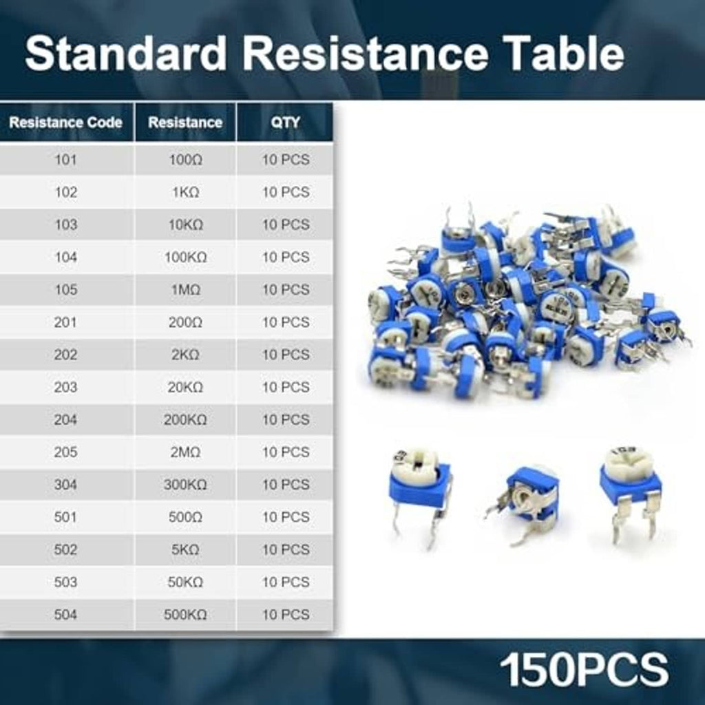Potentiometer assortment kit with blue and white potentiometers and small resistor table graphics