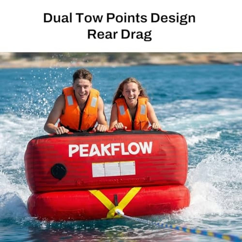 Red PEAKFLOW towable tube with two riders in orange life vests and front tow