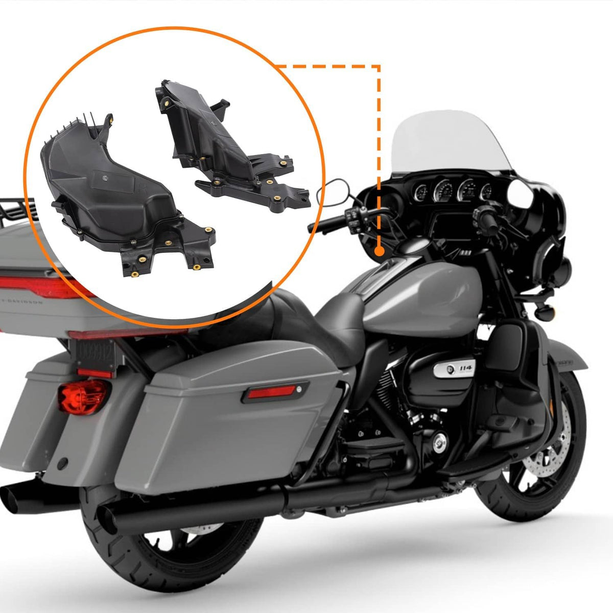 Motorcycle fairing glove box storage covers (pair) shown mounted near the handlebars