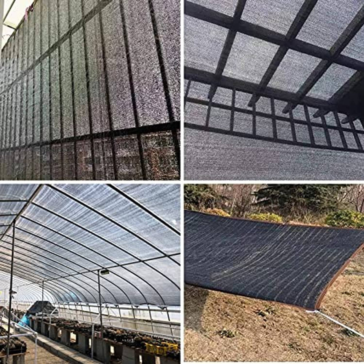 Black shade cloth covering arched greenhouse frames, mesh netting in multiple panels