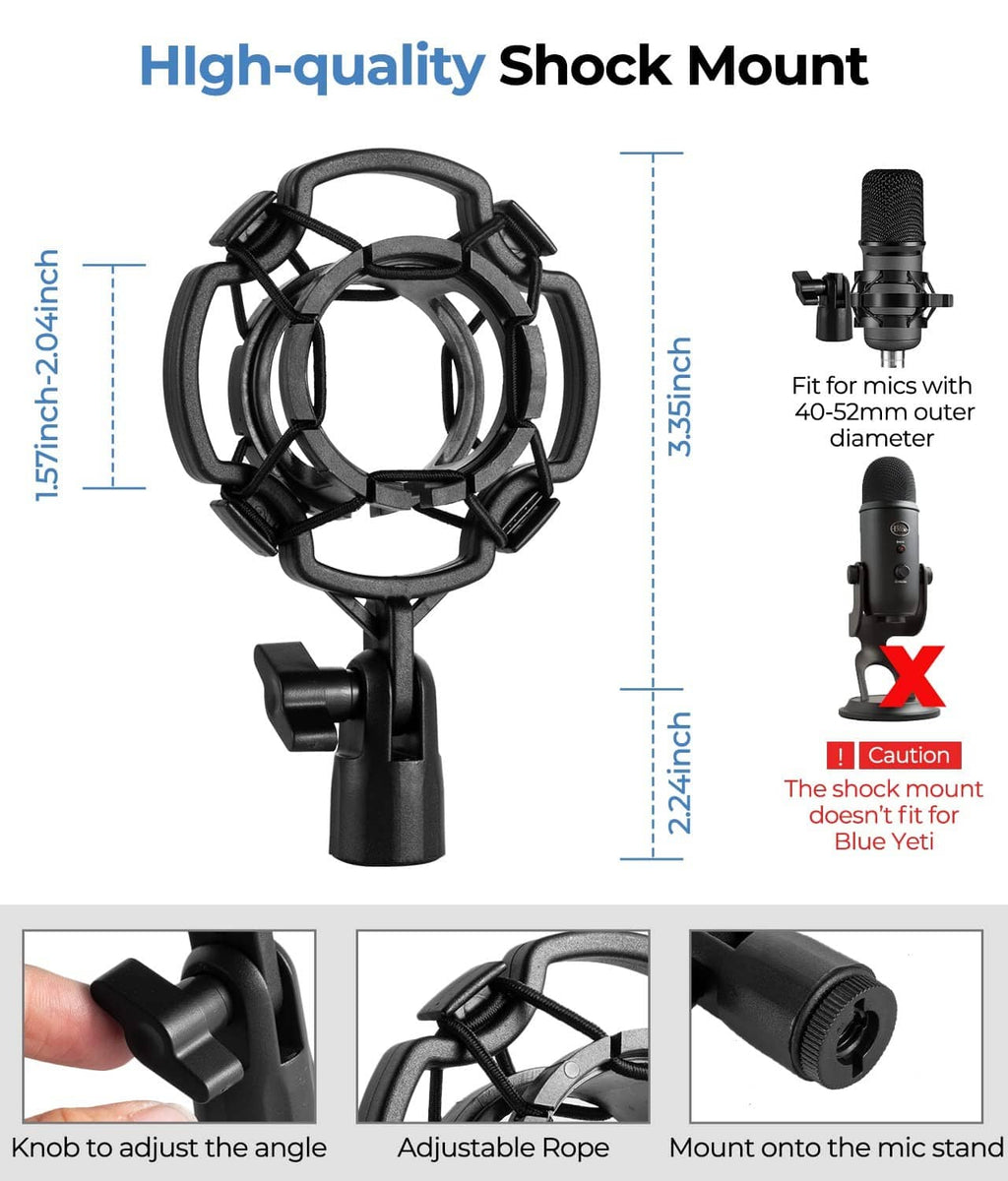 Black microphone shock mount with spring cage and adjustable clamp on stand