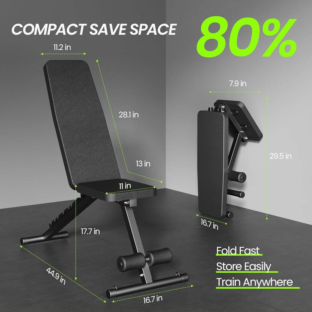 Foldable adjustable weight bench with compact frame and padded seat