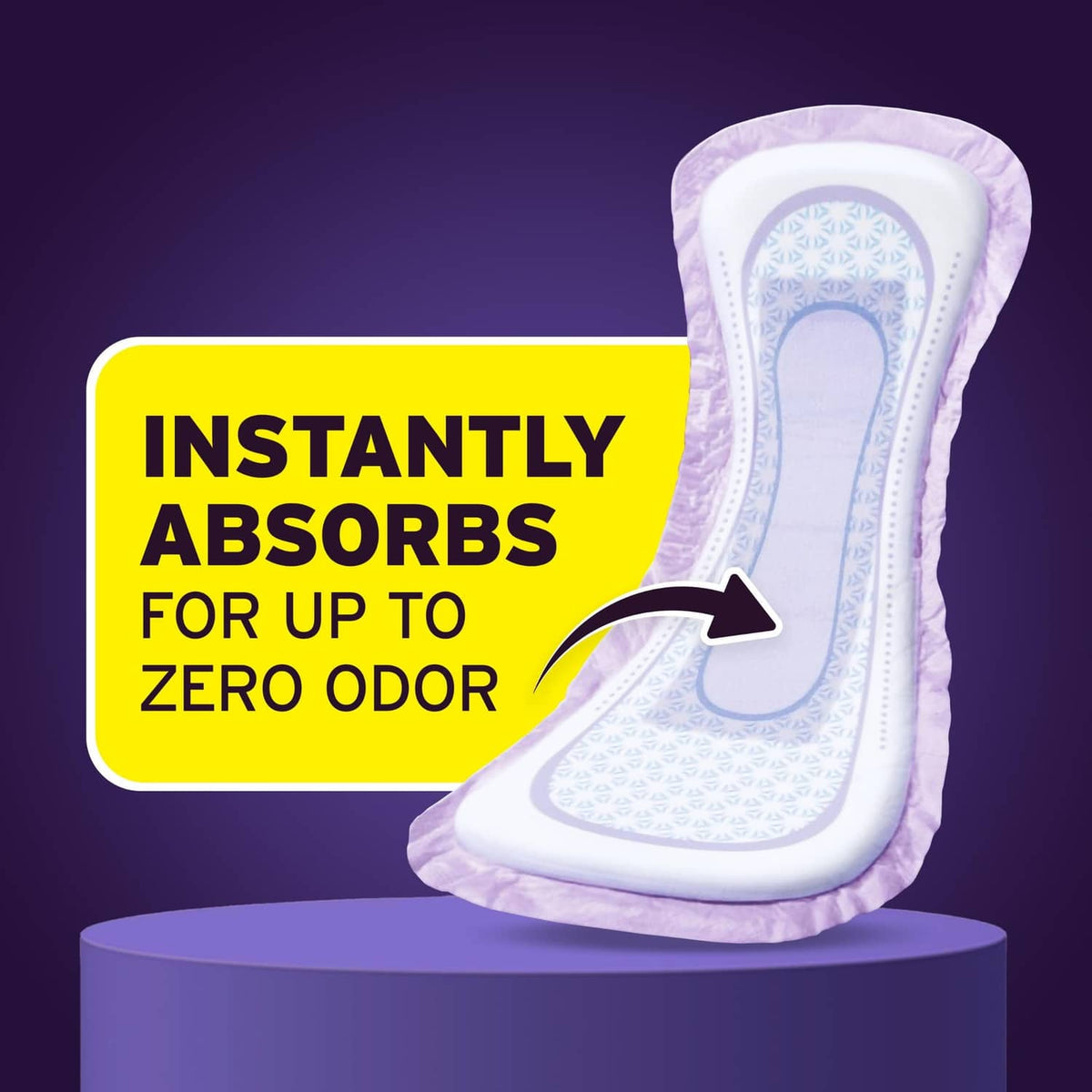 White overnight incontinence pad with contoured shape and blue absorbent core