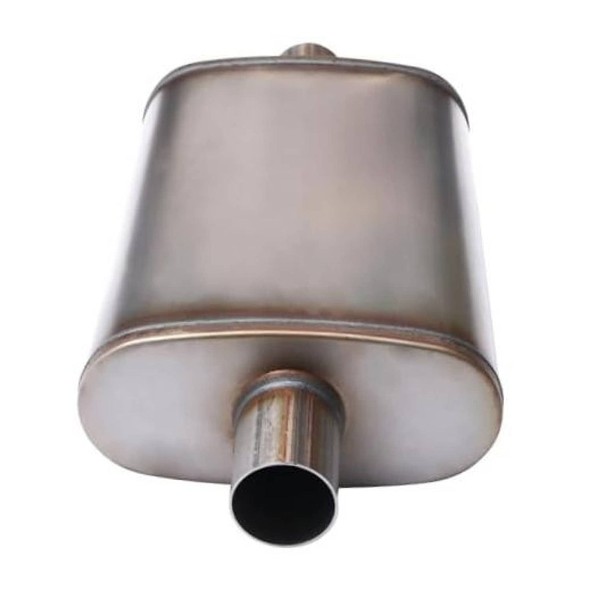 Stainless steel performance muffler with round outlet and domed rear cap
