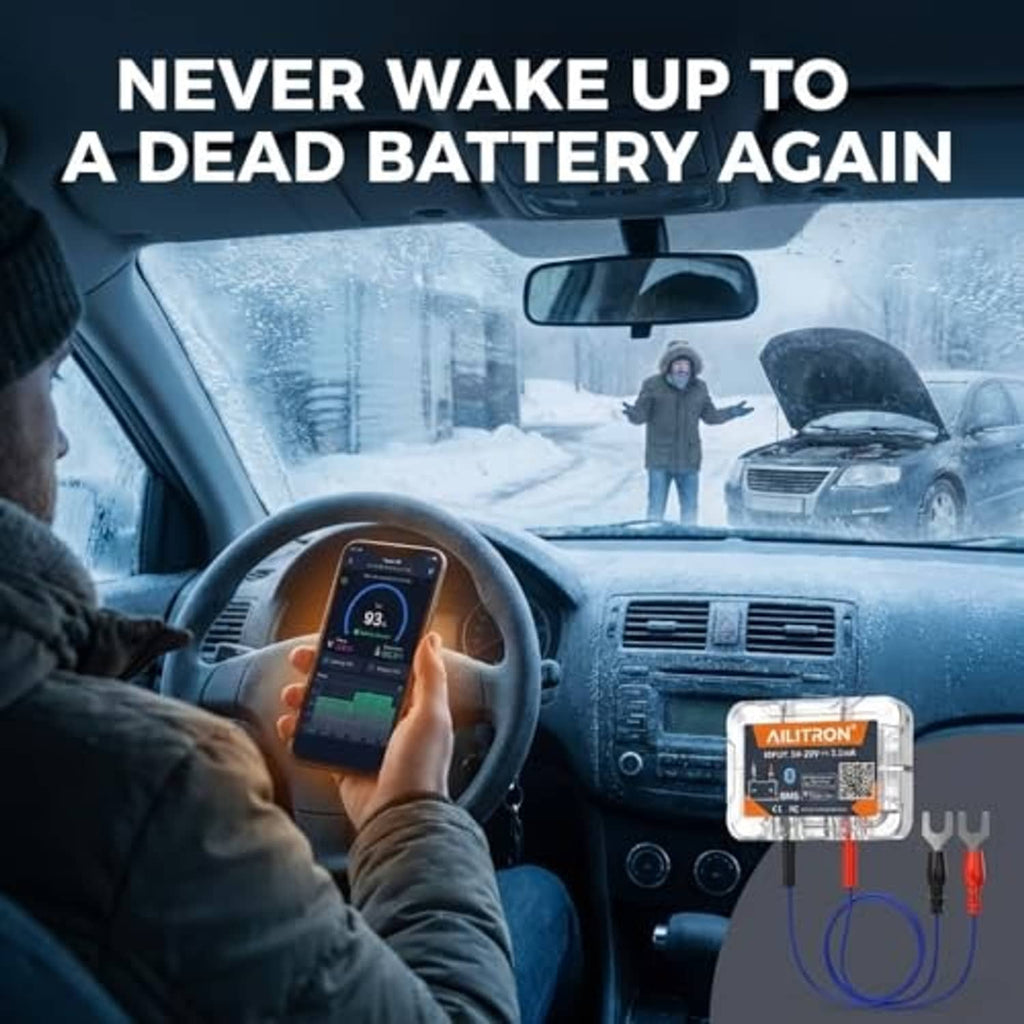 Bluetooth 12V battery monitor plugged in with red and black cables in vehicle dashboard