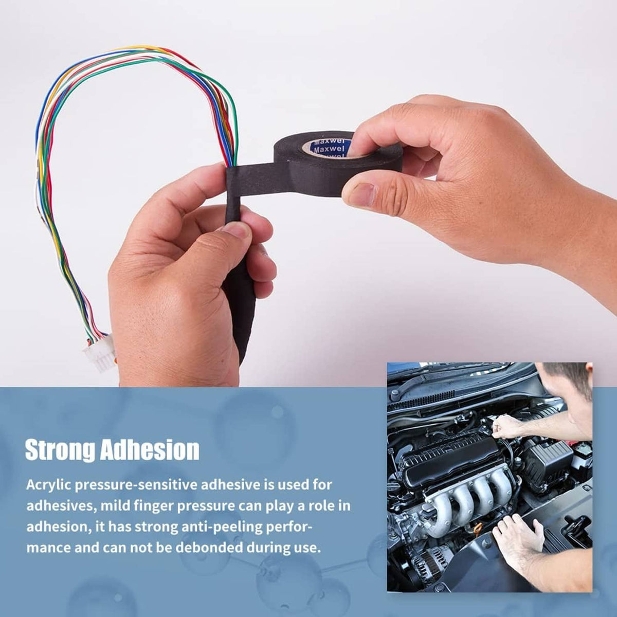 Hands applying black cloth tape to multi-colored wiring harness