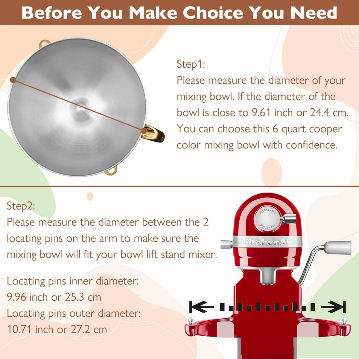 Copper mixing bowl with measurement diagram and handle, viewed from front