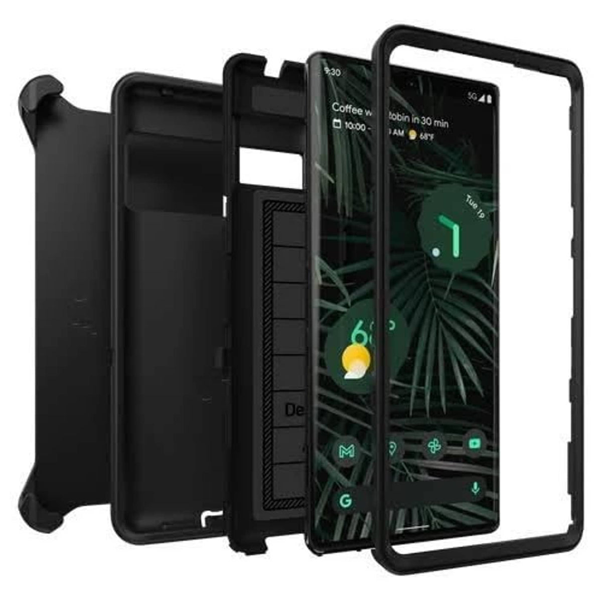 Black rugged phone case with holster clip, case and screen frame shown