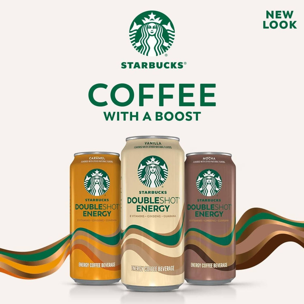 Starbucks Doubleshot Energy coffee cans in caramel, vanilla, and mocha varieties