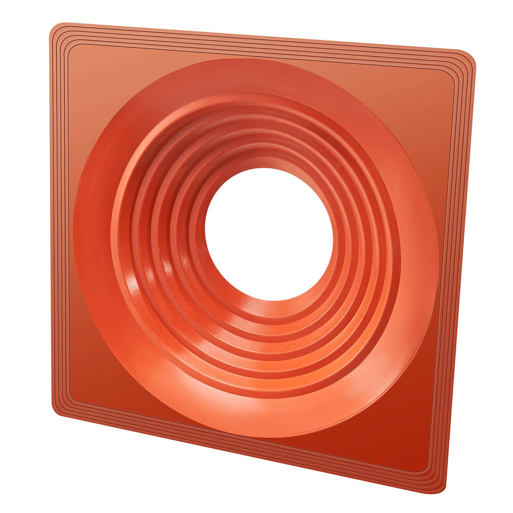 Orange flexible roof pipe flashing boot with circular opening and concentric ridges, flat flange