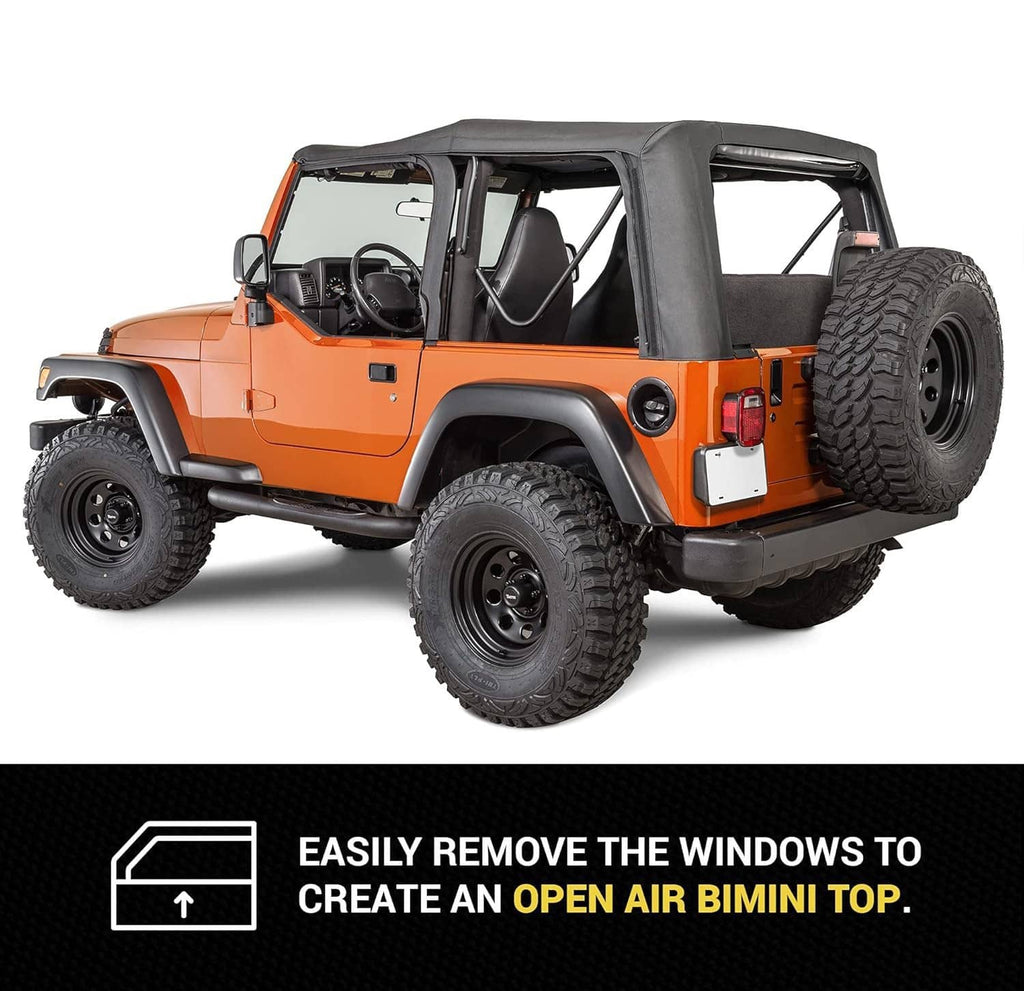 Jeep Wrangler TJ soft top with upper skins installed on a black-tinted window top