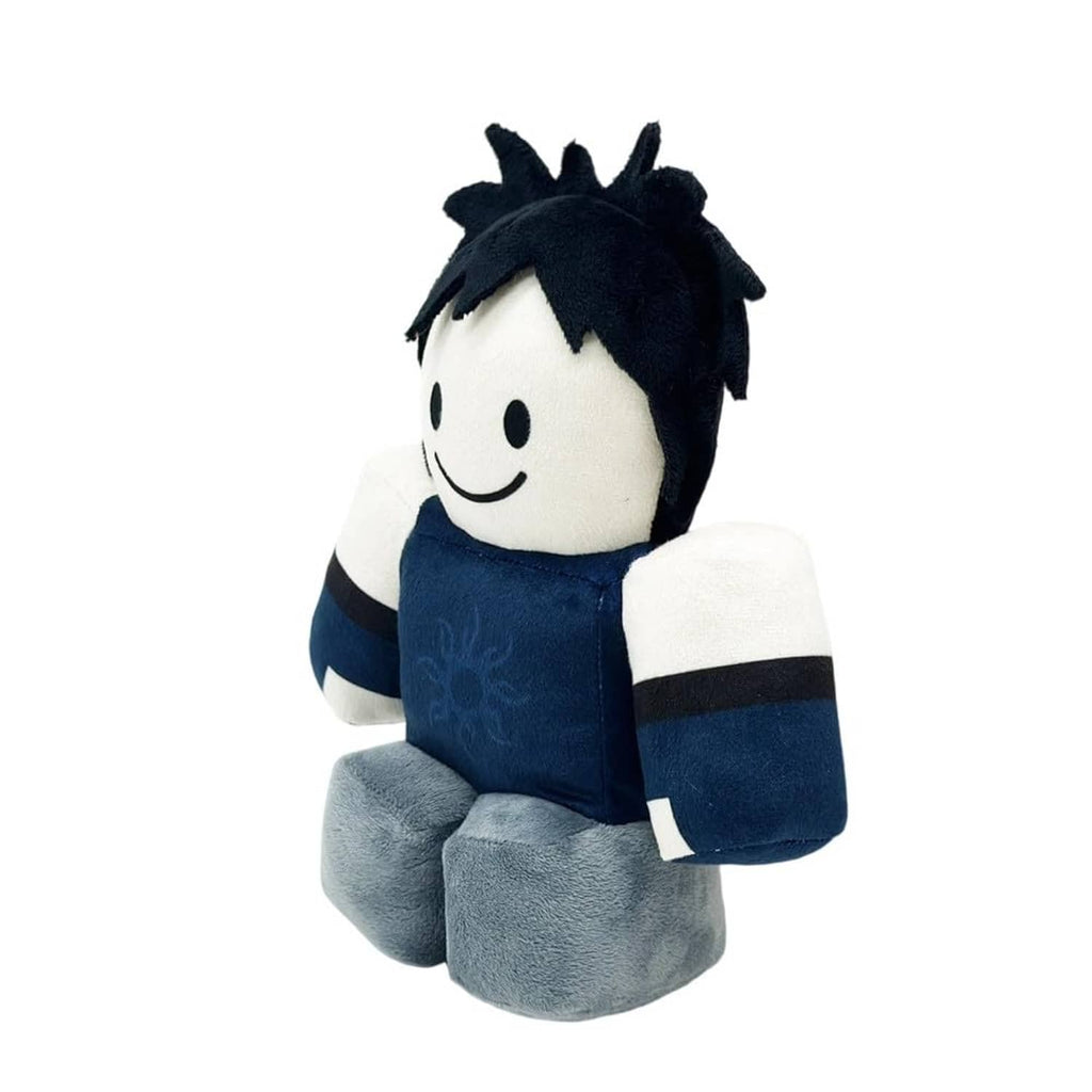 Plush stuffed figure pillow boy with dark spiky hair, navy shirt, gray pants, side view