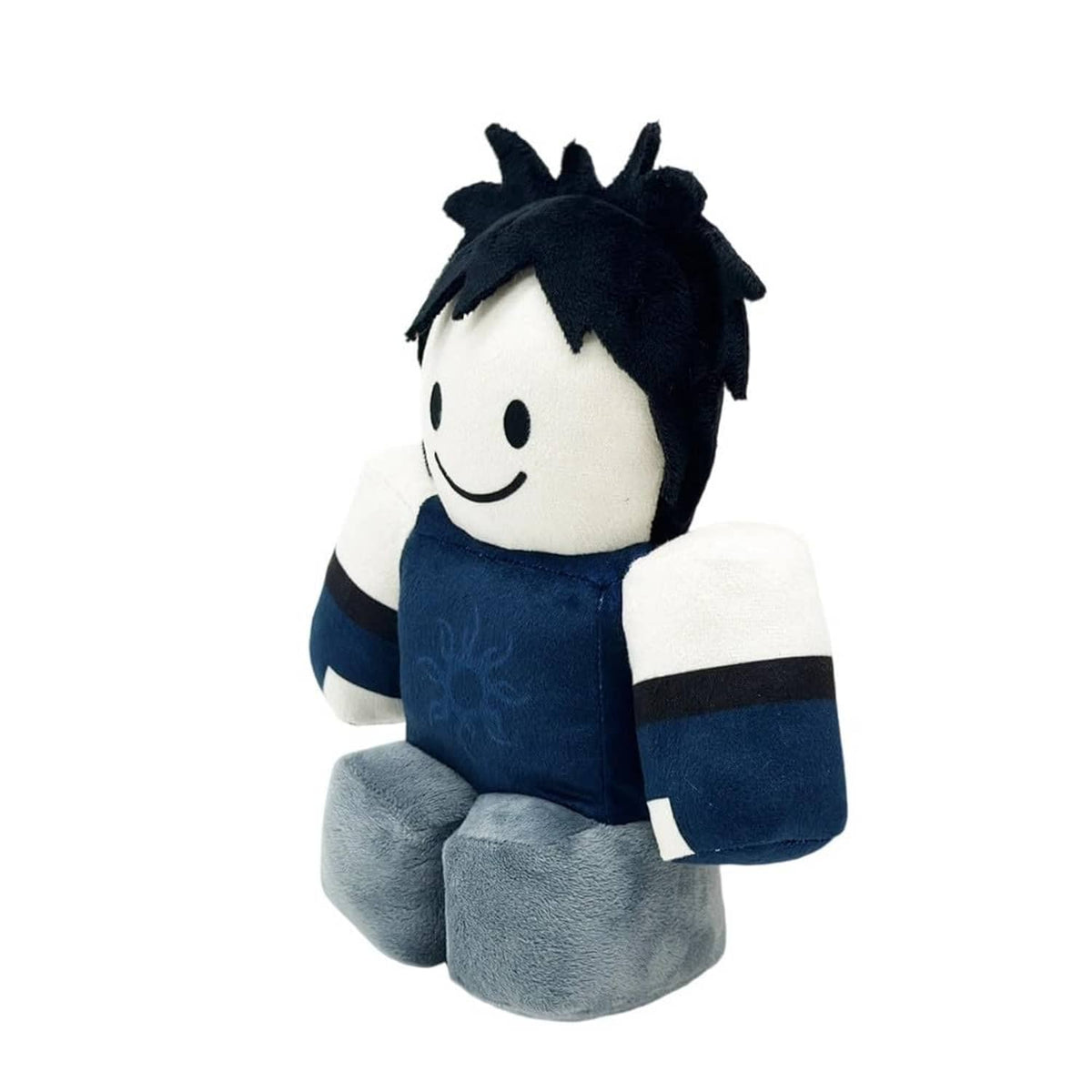 Plush stuffed figure pillow boy with dark spiky hair, navy shirt, gray pants, side view